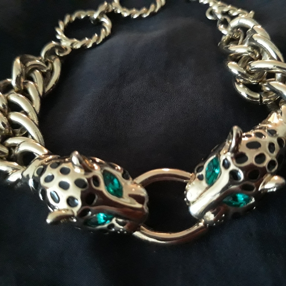 Vintage Double Leopard Head with Green Rhinestone Eyes Chunky Chain Bracelet - Picture 14 of 15